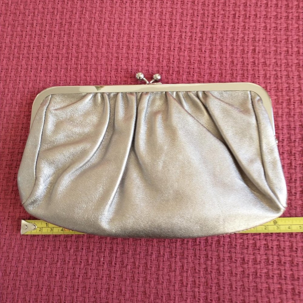 Express Silver Leather Pleated Clutch Evening Handbag Purse - Picture 3 of 8